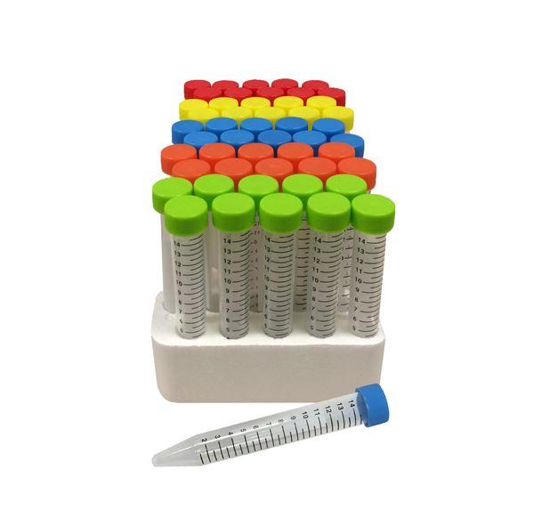 SpectraTubes Rainbow Capped Centrifuge Tubes, 15 mL, sterile, 5 colors per rack (B,G,R,Y,O), 10 racks of 50 tubes, 500/cs | C2715