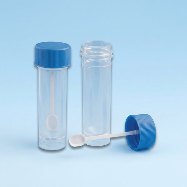 Laboratory Container, Fecal, 30mL, Attached Screwcap with Spoon, PS, 100/Bag | 109117