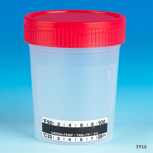 Specimen Container, 4oz, with Attached Thermometer Strip, Separate 1/4-Turn Red Screwcap, Non-Sterile, Bulk-5916