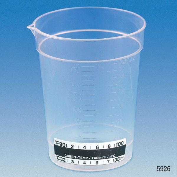 Specimen Container, 6.5oz, with Attached Thermometer Strip, Pour Spout, Graduated-5926