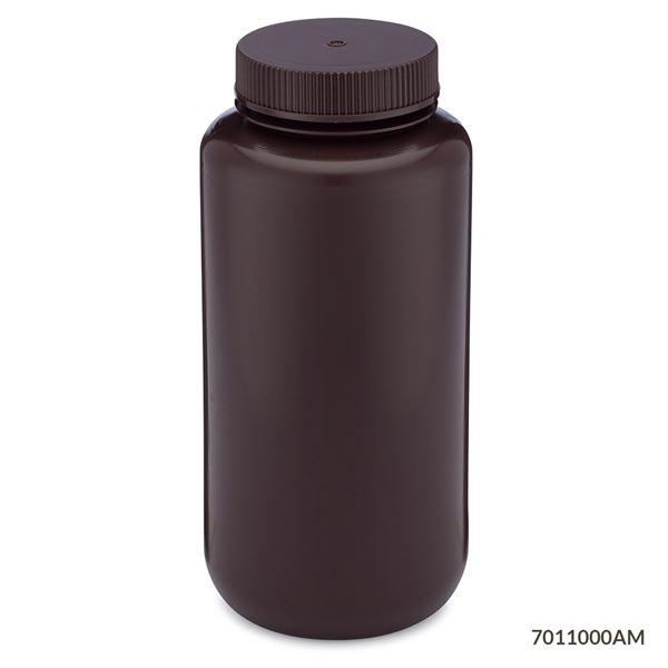 Bottle, Wide Mouth, HDPE Bottle, Attached PP Screw Cap, Amber, 1000mL, 6/Pack-7011000AM