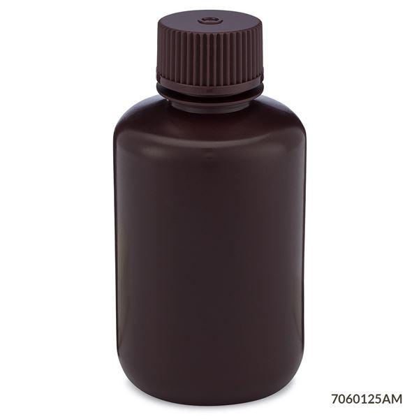 Bottle, Narrow Mouth, HDPE Bottle, Attached PP Screw Cap, Amber, 125mL, 12/Pack-7060125AM
