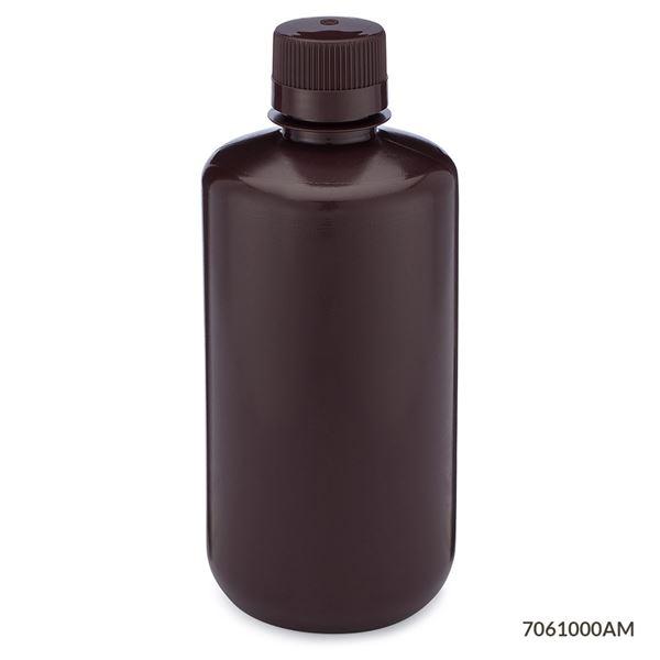 Bottle, Narrow Mouth, HDPE Bottle, Attached PP Screw Cap, Amber, 1000mL, 6/Pack-7061000AM