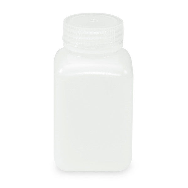 Bottle, Wide Mouth, Square, HDPE, Attached PP Screw Cap, 250mL, 100/Cs - 7180250