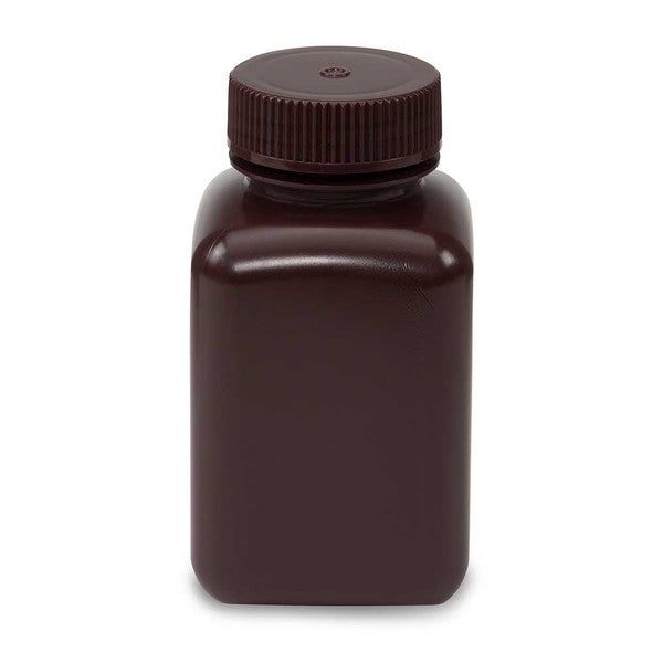 Bottle, Wide Mouth, Square, Amber HDPE, Attached PP Screw Cap, 250mL, 12/Bag - 7180250AM