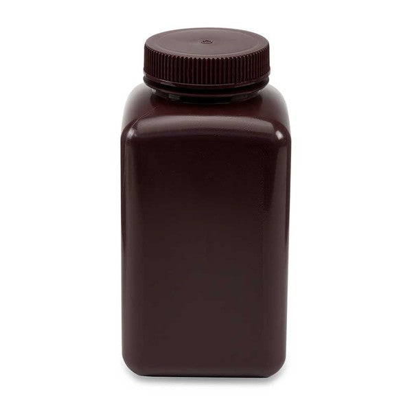 Bottle, Wide Mouth, Square, Amber HDPE, Attached PP Screw Cap, 1000mL, 6/Bag - 7181000AM