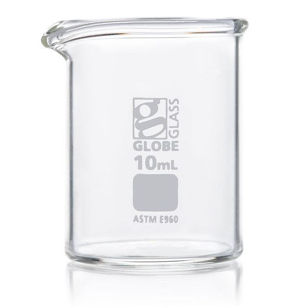Beaker, Globe Glass, 10mL, ASTM E960, Low Form Griffin Style, 12/Box - 8010010