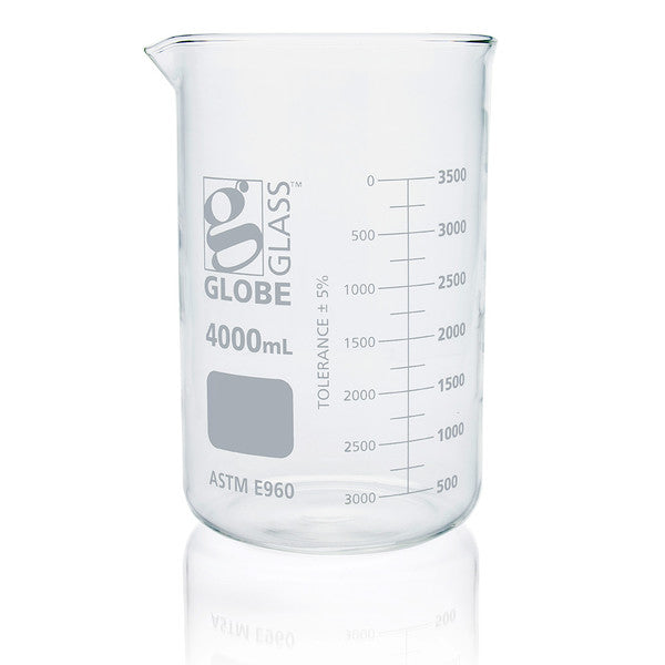 Beaker, Globe Glass, 4000mL, ASTM E960, Low Form Griffin Style, Dual Graduations - 8014000