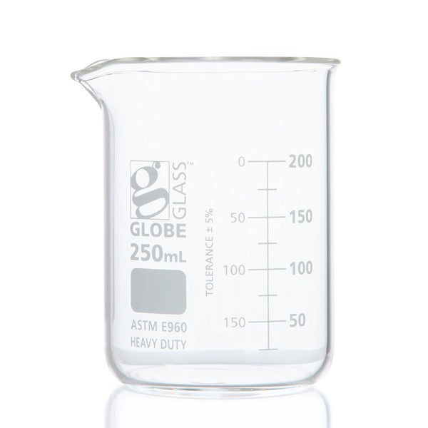 Beaker, Globe Glass, 250mL, Low Form, Heavy Duty, Dual Graduations, ASTM E960, 12/Box - 8020250
