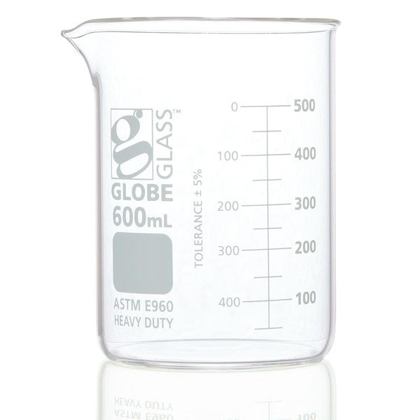 Beaker, Globe Glass, 600mL, Low Form, Heavy Duty, Dual Graduations, ASTM E960, 6/Box - 8020600