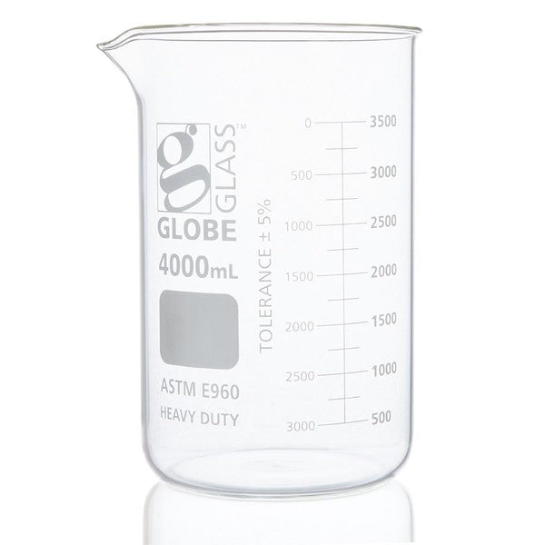 Beaker, Globe Glass, 4000mL, Low Form, Heavy Duty, Dual Graduations, ASTM E960 - 8024000