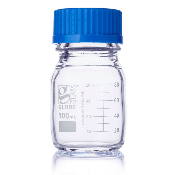 Bottle, Media, Globe Glass, 100mL, GL45 Screw Cap, Dual Graduations, 10/Box - 8100100