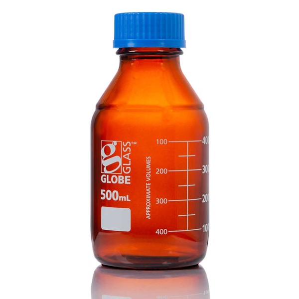 Bottle, AmberMedia, Globe Glass, 500mL, GL45 Screw Cap, Dual Graduations, 10/Box - 8110500