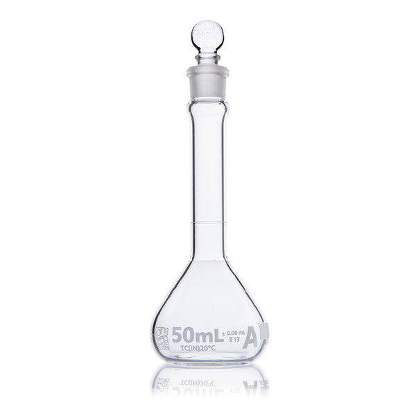Flask, Volumetric, Globe Glass, 50mL, Wide Mouth, Class A, TC, ASTM E288, 6/Box - 8230050