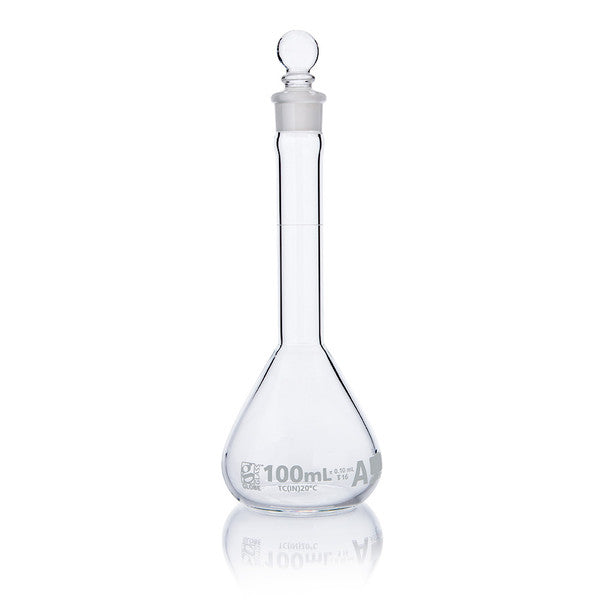 Flask, Volumetric, Globe Glass, 100mL, Wide Mouth, Class A, TC, ASTM E288, 6/Box - 8230100