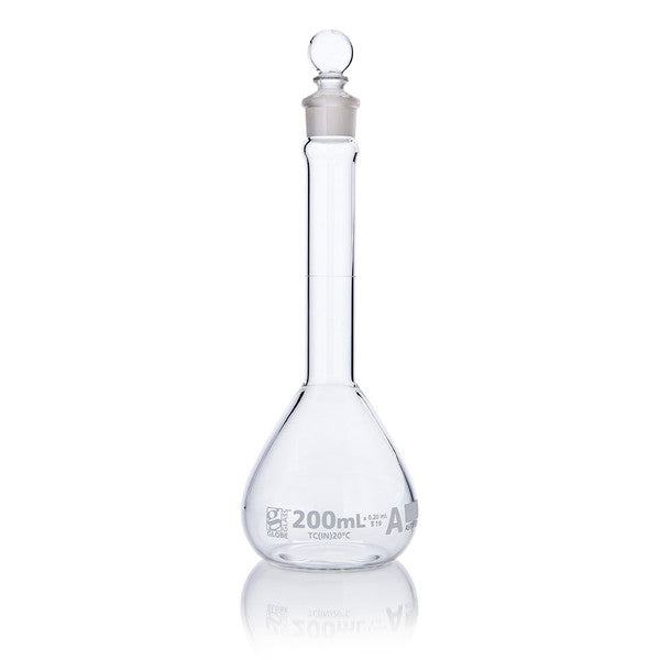Flask, Volumetric, Globe Glass, 200mL, Wide Mouth, Class A, TC, ASTM E288, 6/Box - 8230200