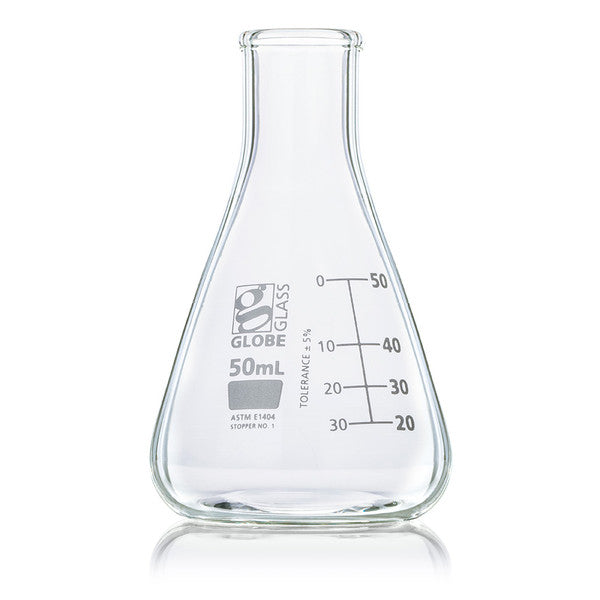 Flask, Erlenmeyer, Globe Glass, 50mL, Narrow Mouth, Dual Grads, ASTM E1404, 12/Box - 8400050