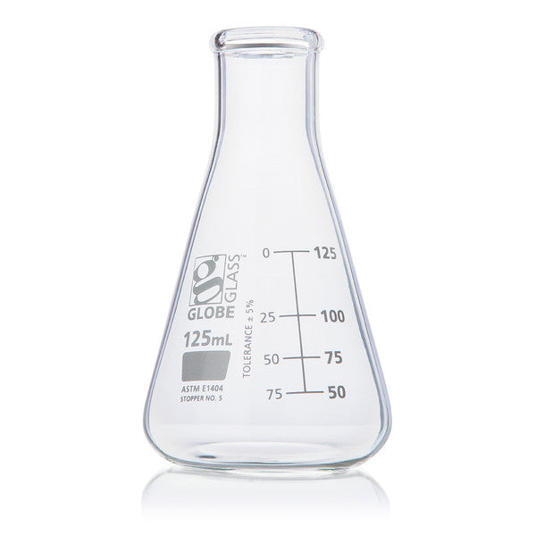 Flask, Erlenmeyer, Globe Glass, 125mL, Narrow Mouth, Dual Grads, ASTM E1404, 12/Box - 8400125