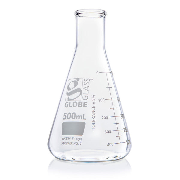 Flask, Erlenmeyer, Globe Glass, 500mL, Narrow Mouth, Dual Grads, ASTM E1404, 6/Box - 8400500