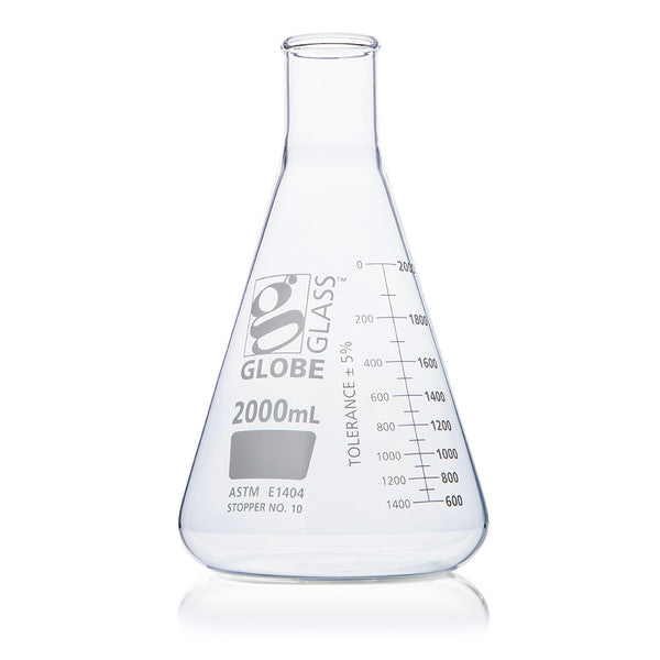 Flask, Erlenmeyer, Globe Glass, 2000mL, Narrow Mouth, Dual Grads, ASTM E1404, 4/Box - 8402000