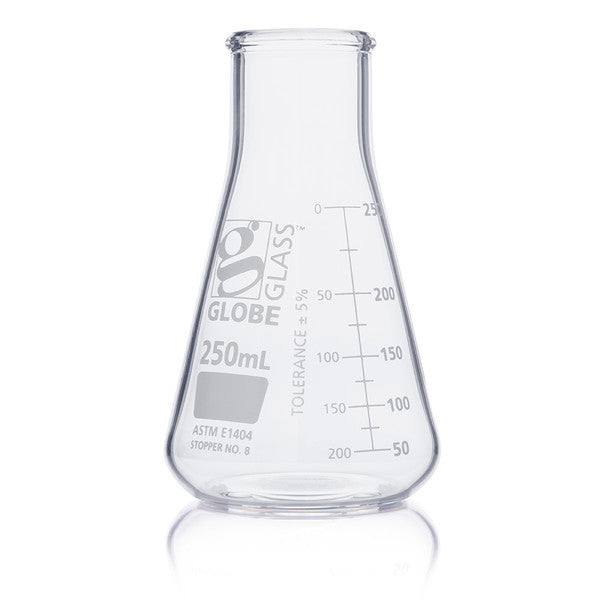 Flask, Erlenmeyer, Globe Glass, 250mL, Wide Mouth, Dual Graduations, ASTM E1404, 12/Box - 8410250