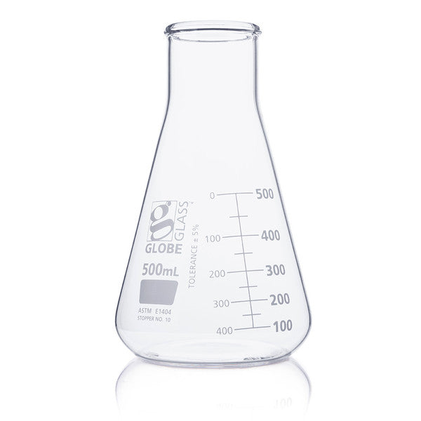 Flask, Erlenmeyer, Globe Glass, 500mL, Wide Mouth, Dual Graduations, ASTM E1404, 6/Box - 8410500