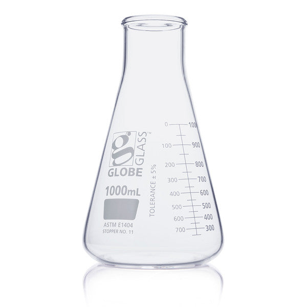 Flask, Erlenmeyer, Globe Glass, 1000mL, Wide Mouth, Dual Graduations, ASTM E1404, 6/Box - 8411000