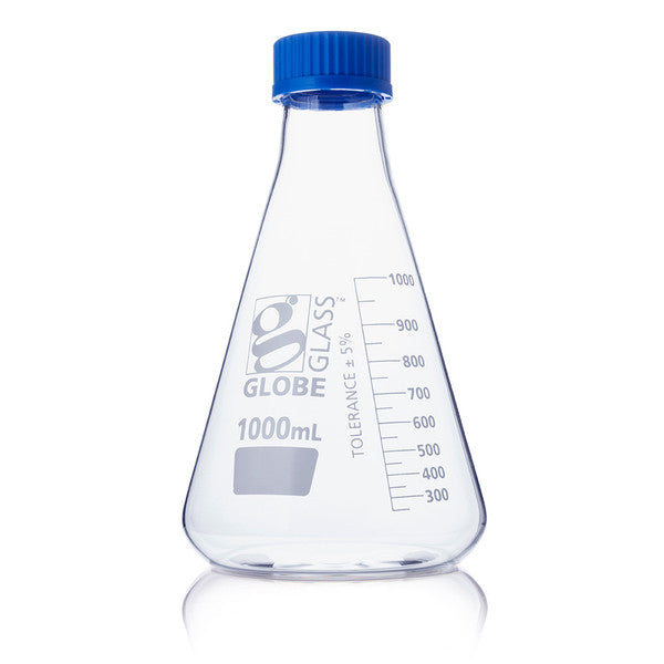 Flask, Erlenmeyer, Globe Glass, 1000mL, Screw Cap, Dual Graduations, ASTM E1404, 4/Box - 8421000
