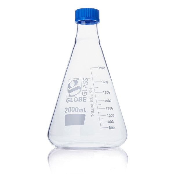 Flask, Erlenmeyer, Globe Glass, 2000mL, Screw Cap, Dual Graduations, ASTM E1404 - 8422000