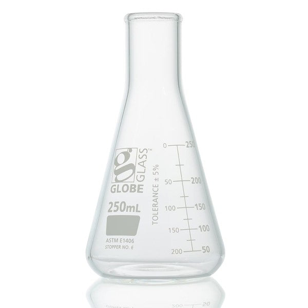Flask, Erlenmeyer, Globe Glass, 250mL, Heavy Duty, Narrow Mouth, Dual Grad, 6/Box - 8430250
