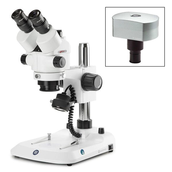Trinocular stereo zoom microscope Stereo, Blue, 0.7x to 4.5x zoom obj., w/camera - ESB-1903-P-DC18