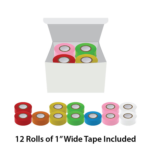 Labeling Tape, 1" x 500" per Roll, (2 grn,2 pk,2 red,2 yl,2 wh,1 bl,1 orng), 12/Cs - LT-1X500RW