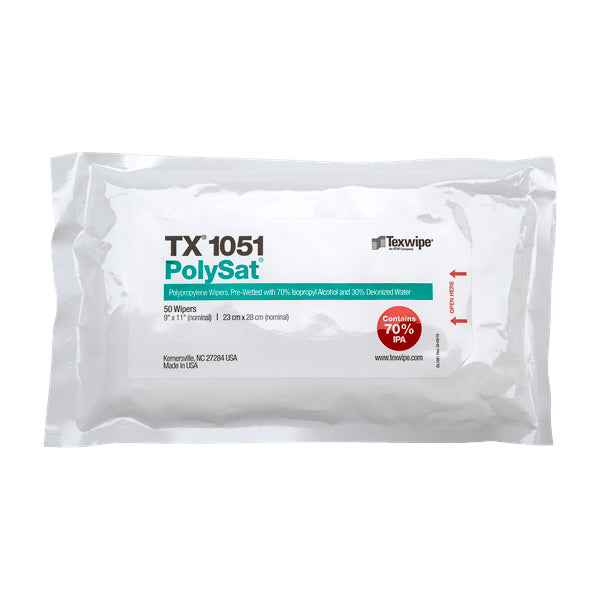 PolySat 9" x 11" polypropylene wipers pre-wetted with 70% IPA, 1200 wipers/Cs - TX1051