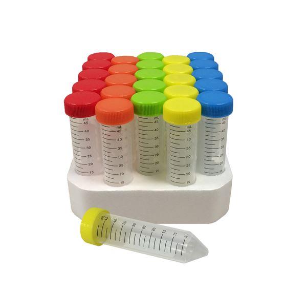 SpectraTubes Rainbow Capped Centrifuge Tubes, 50 mL, sterile, 5 colors per rack (B,G,R,Y,O), 20 racks of 25 tubes, 500/cs | C2750