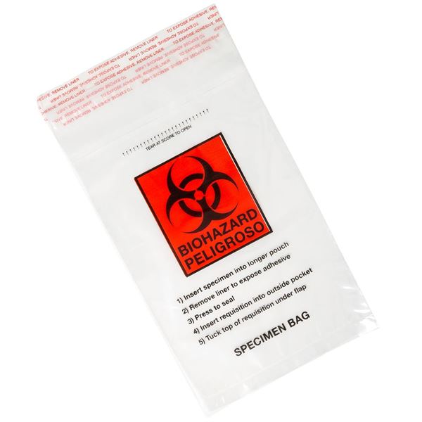 Bag, Biohazard Specimen Transport, 6" x 10", Glue Seal and Absorbent Pad-4923