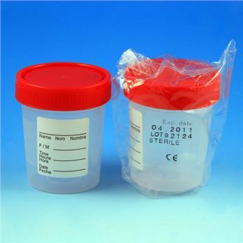 Specimen Container, 4oz, with 1/4-Turn Red Screwcap and Tri-Lingual ID Label, STERILE, Wrapped, Graduated-5912