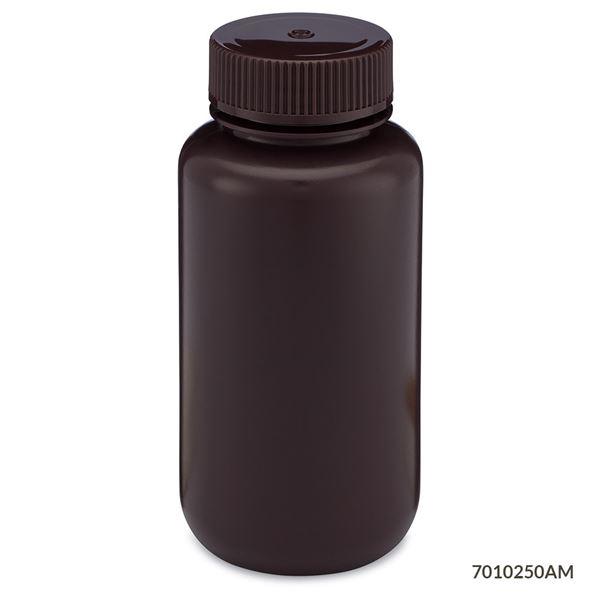 Bottle, Wide Mouth, HDPE Bottle, Attached PP Screw Cap, Amber, 250mL, 12/Pack-7010250AM