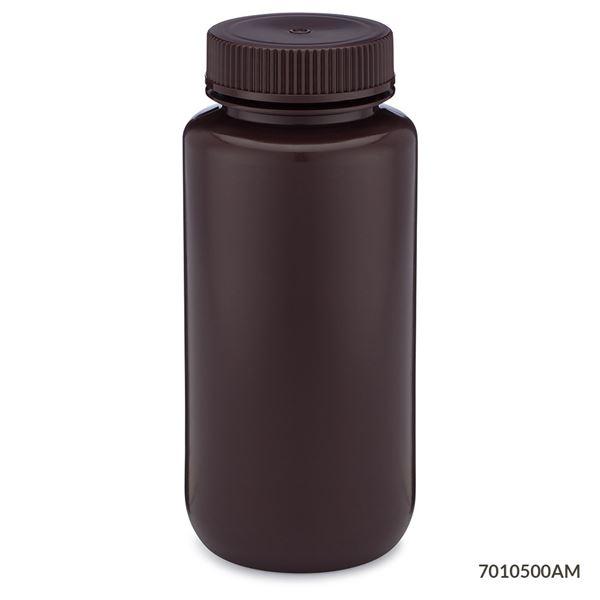 Bottle, Wide Mouth, HDPE Bottle, Attached PP Screw Cap, Amber, 500mL, 12/Pack-7010500AM