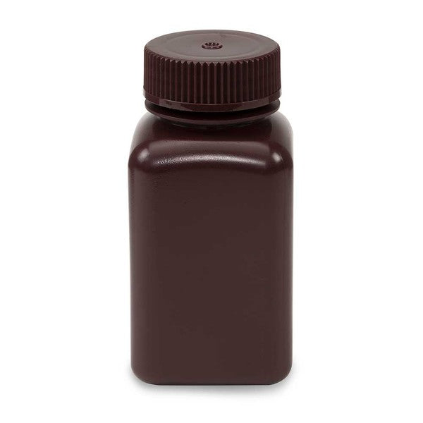 Bottle, Wide Mouth, Square, Amber HDPE, Attached PP Screw Cap, 175mL, 12/Bag - 7180175AM