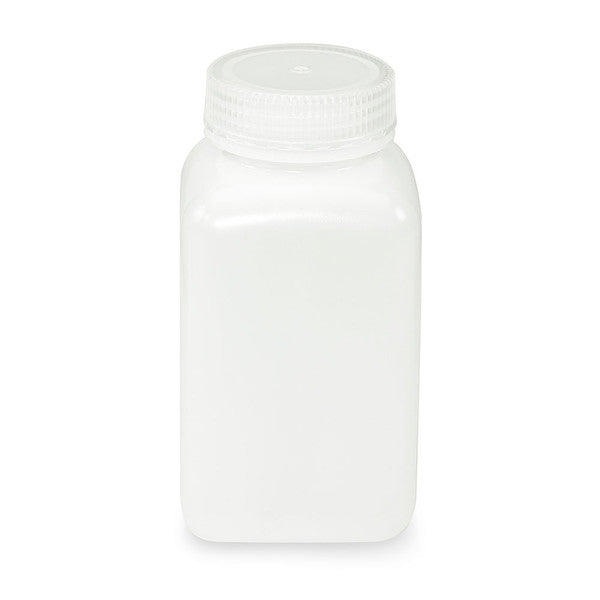 Bottle, Wide Mouth, Square, HDPE, Attached PP Screw Cap, 500mL, 100/Cs - 7180500