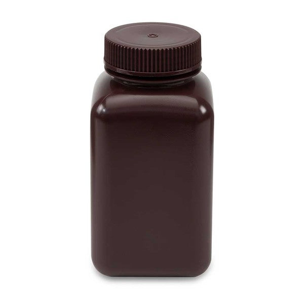 Bottle, Wide Mouth, Square, Amber HDPE, Attached PP Screw Cap, 500mL, 12/Bag - 7180500AM