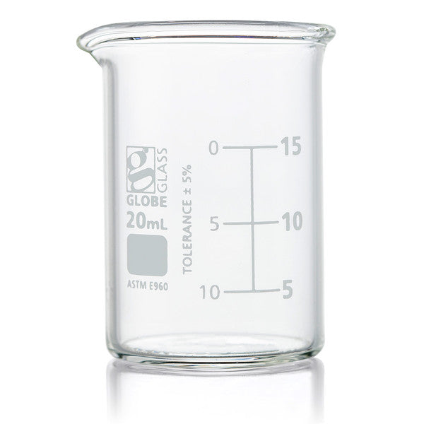 Beaker, Globe Glass, 20mL, ASTM E960, Low Form Griffin Style, Dual Graduations, 12/Box - 8010020