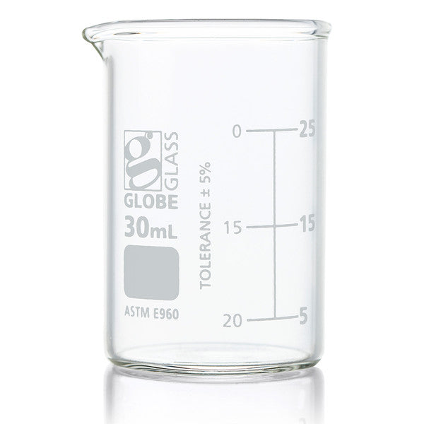 Beaker, Globe Glass, 30mL, ASTM E960, Low Form Griffin Style, Dual Graduations, 12/Box - 8010030
