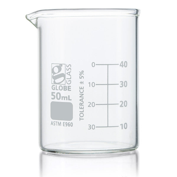 Beaker, Globe Glass, 50mL, ASTM E960, Low Form Griffin Style, Dual Graduations, 12/Box - 8010050