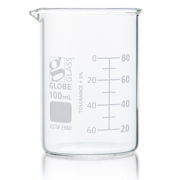 Beaker, Globe Glass, 100mL, ASTM E960, Low Form Griffin Style, Dual Graduations, 12/Box - 8010100