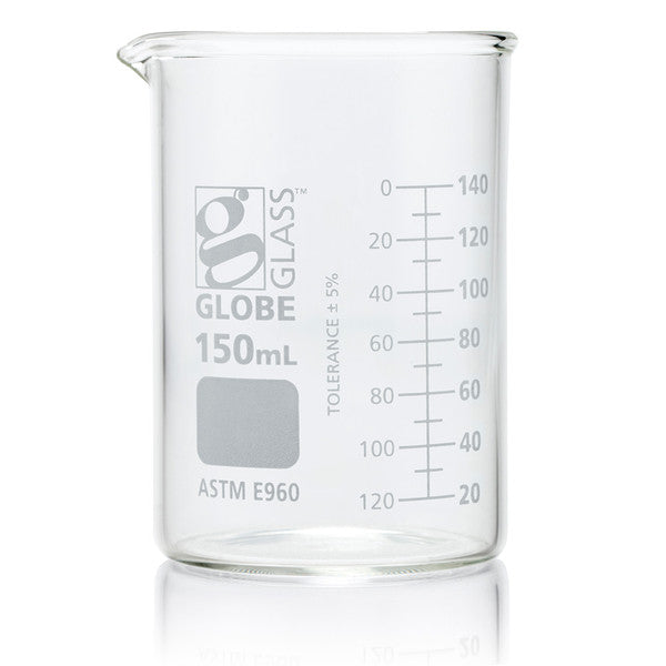 Beaker, Globe Glass, 150mL, ASTM E960, Low Form Griffin Style, Dual Graduations, 12/Box - 8010150