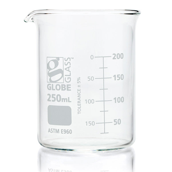 Beaker, Globe Glass, 250mL, ASTM E960, Low Form Griffin Style, Dual Graduations, 12/Box - 8010250