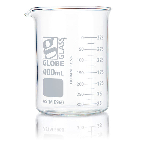 Beaker, Globe Glass, 400mL, ASTM E960, Low Form Griffin Style, Dual Graduations, 12/Box - 8010400