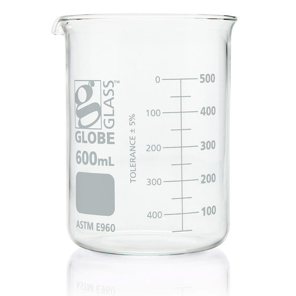 Beaker, Globe Glass, 600mL, ASTM E960, Low Form Griffin Style, Dual Graduations, 6/Box - 8010600