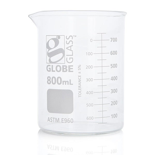 Beaker, Globe Glass, 800mL, ASTM E960, Low Form Griffin Style, Dual Graduations, 6/Box - 8010800